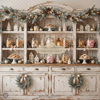 Weihnachts-Backdrop Christmas Bakery mit rustikalem Küchenbuffet, Keksen und Lichterketten in Creme und Beige von Drop-Dreams