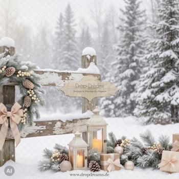 Weihnachts-Backdrop Winter Glow mit Holzzaun, Laternen, Geschenken und Winterwald in Beige und Creme von Drop-Dreams