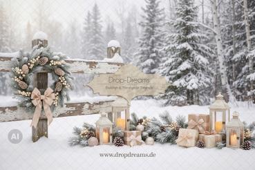 Weihnachts-Backdrop Winter Glow mit Holzzaun, Laternen, Geschenken und Winterwald in Beige und Creme von Drop-Dreams