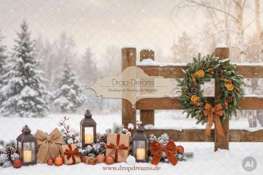Weihnachts-Backdrop Winter Spice mit Holzzaun, Gewürzkranz, Laternen und Geschenken in Terrakotta und Braun von Drop-Dreams
