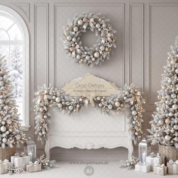 Weihnachts-Backdrop Silver Elegance mit Stuckwand, Tannenkranz und Weihnachtsbäumen in Weiß, Silber und Champagner von Drop-Dreams