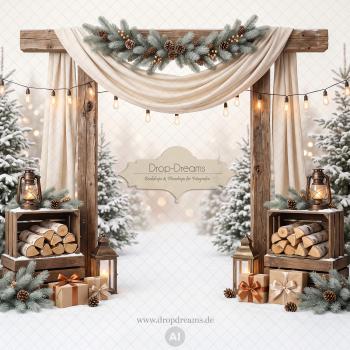 Weihnachts-Backdrop Winter Arch mit rustikalem Holztorbogen, Cremestoff und Edison-Lichterkette in Beige und Natur von Drop-Dreams
