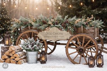 Weihnachts-Backdrop Winter Wagon III mit rustikalem Holzwagen, Petroleumlampen und goldenem Gegenlicht in Naturbraun und Creme von Drop-Dreams