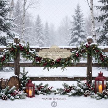 Weihnachts-Backdrop Winter Red mit Holzzaun, roter Beerengirlande und roten Laternen in Rot und Grün von Drop-Dreams
