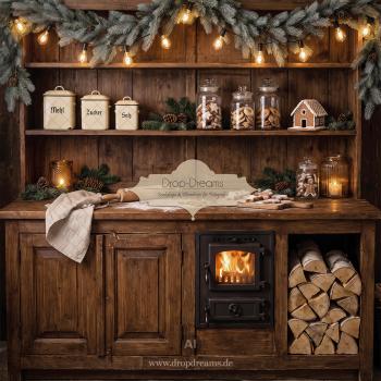 Weihnachts-Backdrop Christmas Kitchen mit rustikaler Holzküche, Kaminofen und Lebkuchen in Dunkelbraun und Creme von Drop-Dreams