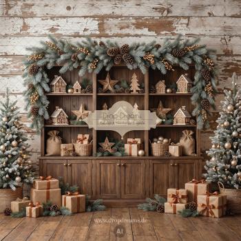 Weihnachts-Backdrop Christmas Cabinet mit dunklem Holzbuffet, Lebkuchenhäuschen und Weihnachtsbäumen in Naturbraun, Creme und Gold von Drop-Dreams