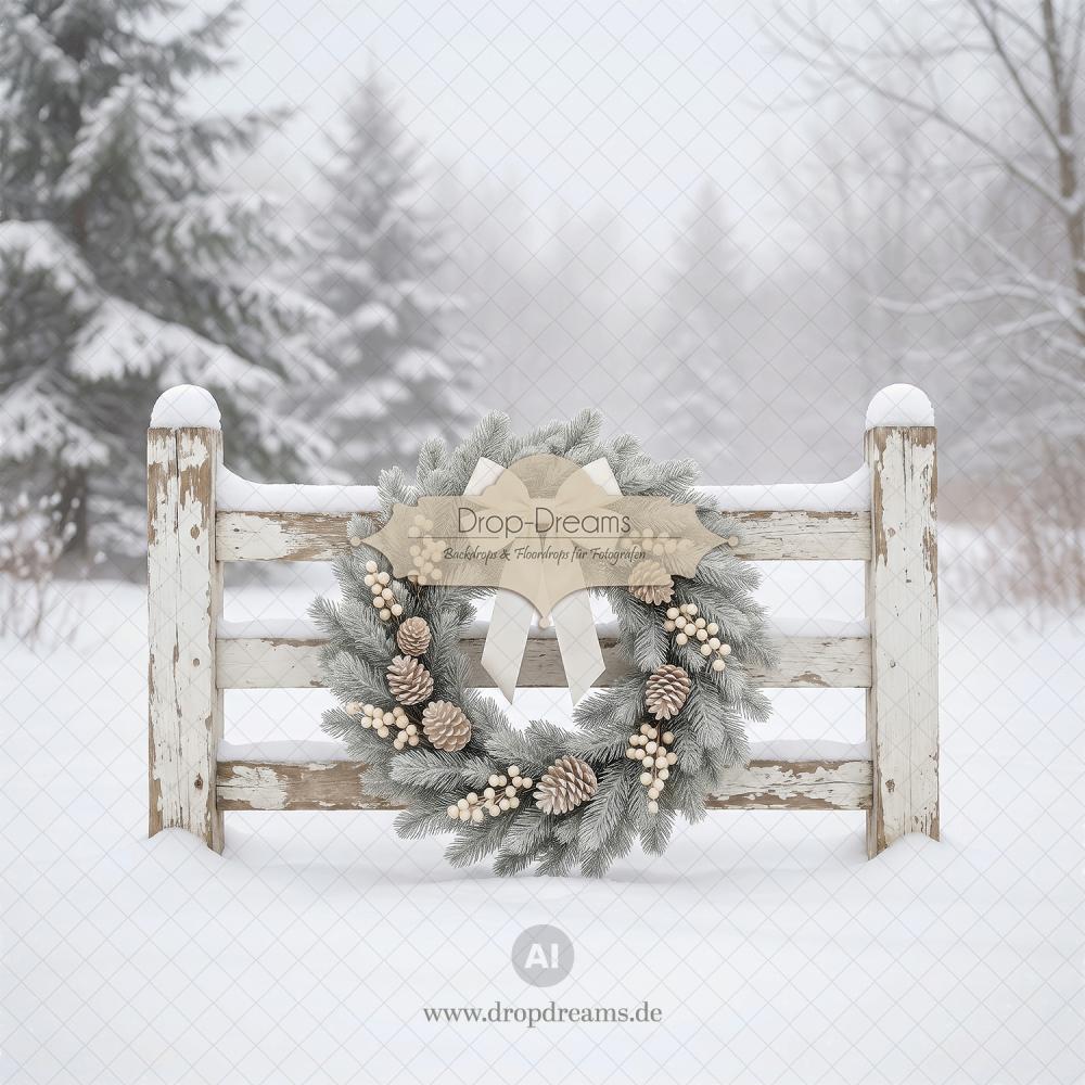 Weihnachts-Backdrop Winter Silence mit verschneitem Holzzaun und Tannenkranz in Weiß und Creme von Drop-Dreams