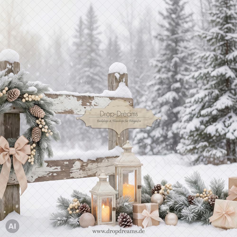 Weihnachts-Backdrop Winter Glow mit Holzzaun, Laternen, Geschenken und Winterwald in Beige und Creme von Drop-Dreams