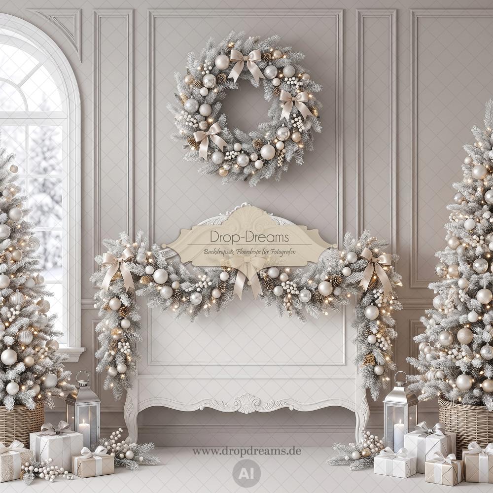 Weihnachts-Backdrop Silver Elegance mit Stuckwand, Tannenkranz und Weihnachtsbäumen in Weiß, Silber und Champagner von Drop-Dreams