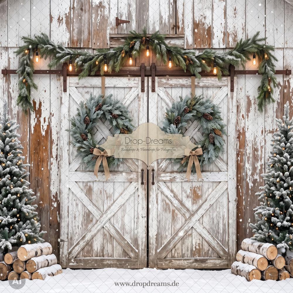 Weihnachts-Backdrop Christmas Barn quadratisch mit Scheunentüren und Tannenkränzen in Weiß und Natur von Drop-Dreams