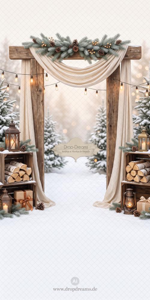Weihnachts-Kombidrop Winter Arch mit Holztorbogen, Cremestoff und großer Bodenfläche in Beige und Natur von Drop-Dreams