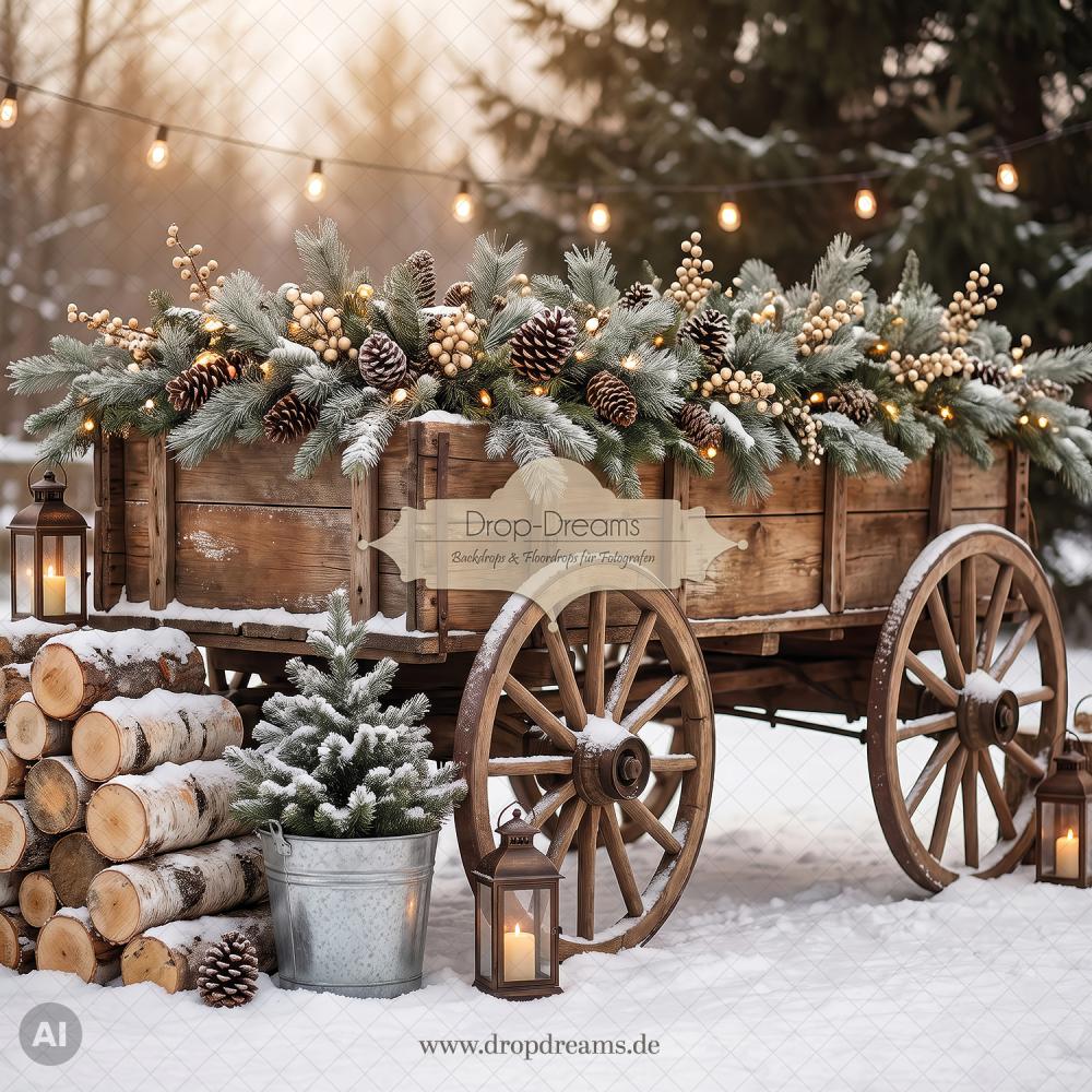 Weihnachts-Backdrop Winter Wagon II mit rustikalem Holzwagen, Tannenzweigen und goldenem Bokeh-Licht in Naturbraun und Creme von Drop-Dreams