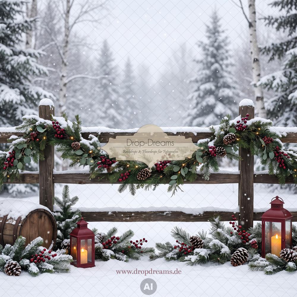 Weihnachts-Backdrop Winter Red mit Holzzaun, roter Beerengirlande und roten Laternen in Rot und Grün von Drop-Dreams