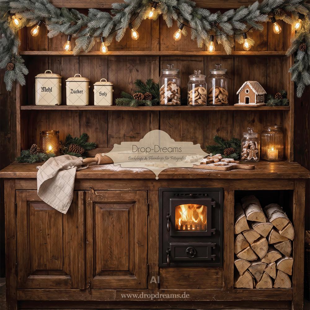 Weihnachts-Backdrop Christmas Kitchen mit rustikaler Holzküche, Kaminofen und Lebkuchen in Dunkelbraun und Creme von Drop-Dreams