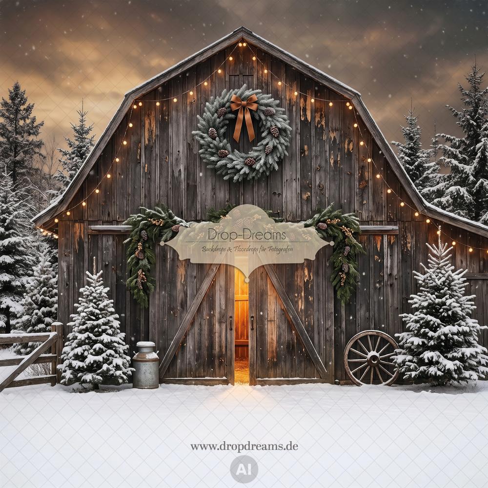 Weihnachts-Backdrop Dark Barn mit dunkler Scheune, warmem Lichtschein und verschneitem Winterwald in Dunkelgrau und Braun von Drop-Dreams
