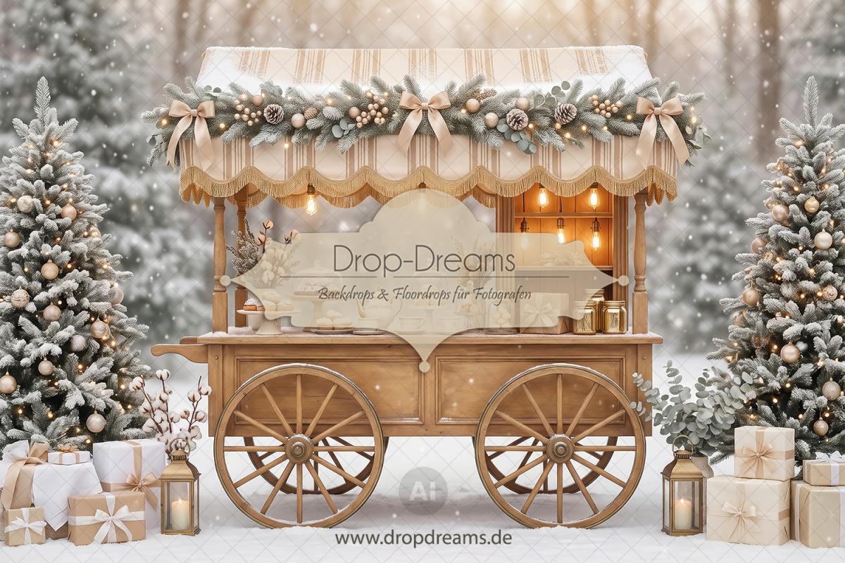 Weihnachts-Backdrop Christmas Market Cart mit Weihnachtsmarktstand, Markisendach und Tannenzweiggirlande in Creme, Beige und Gold von Drop-Dreams