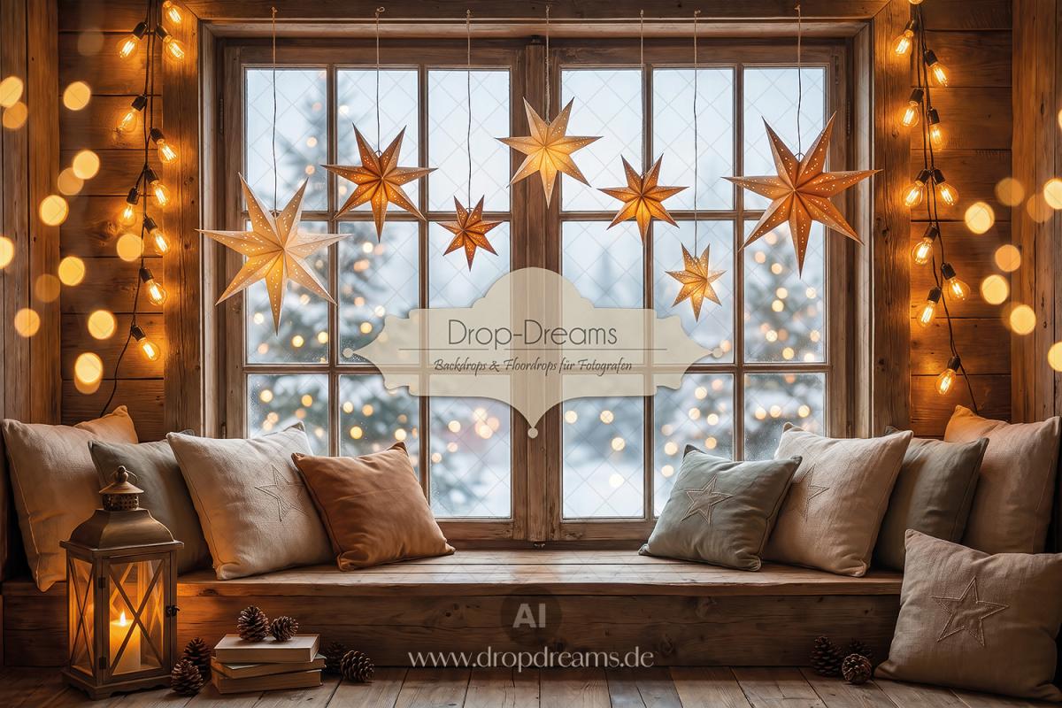 Weihnachts-Backdrop Golden Stars mit Holzsitzbank, goldenen Papiersternleuchtern und warmem Bokeh-Licht in Gold, Braun und Creme von Drop-Dreams